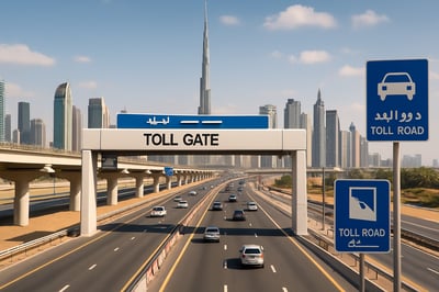 Dubai toll road system with city skyline Dubai toll road system with city skyline