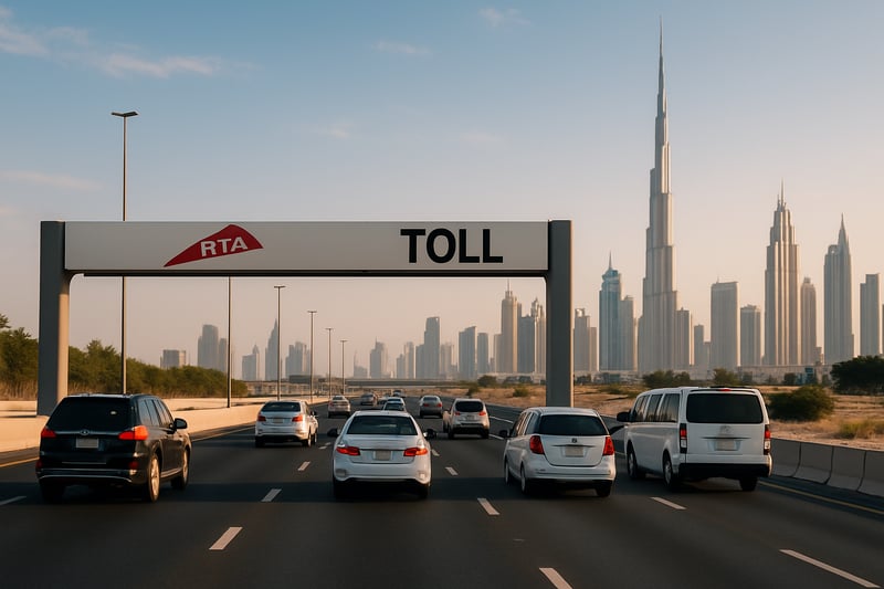 Dubai toll road with vehicles and city skyline Dubai toll road with vehicles and city skyline
